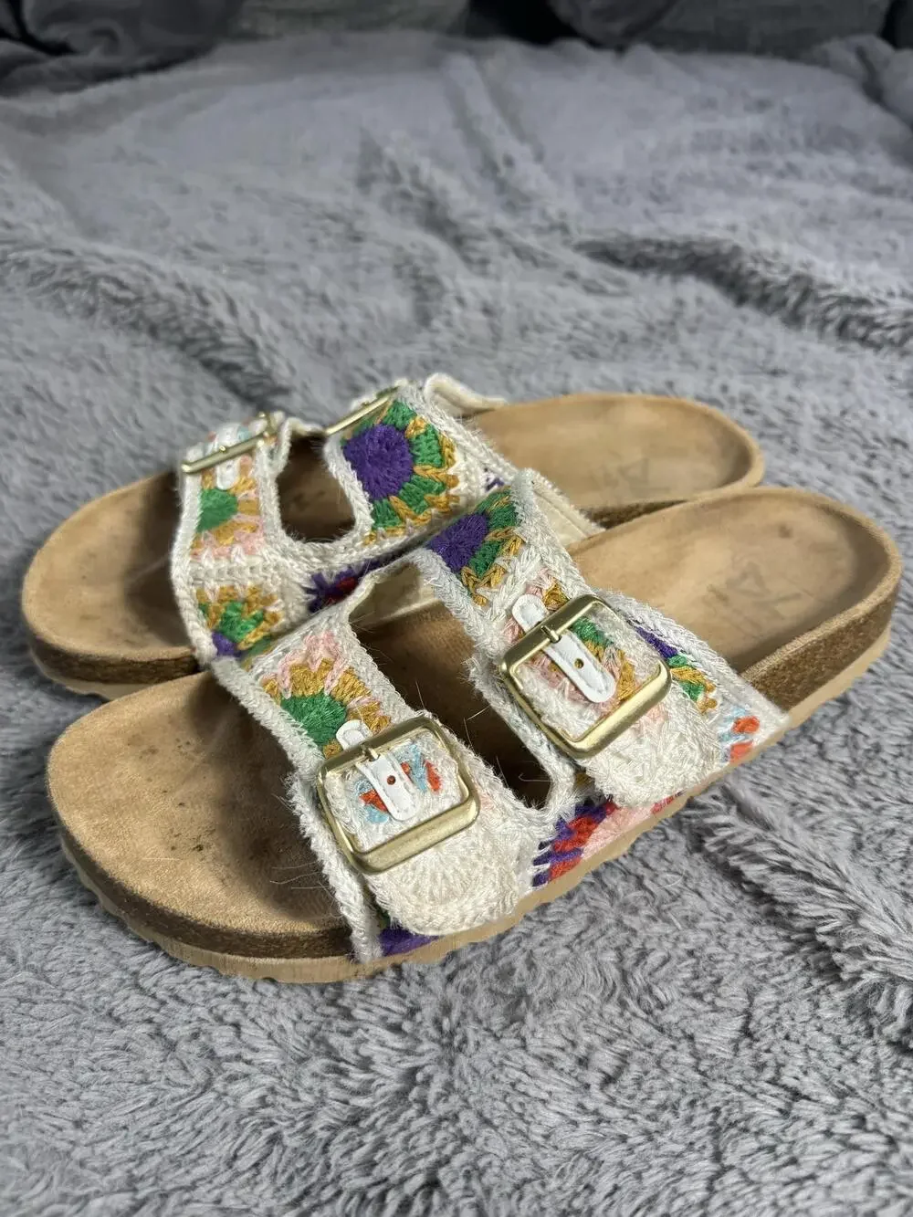 Slide Sandals Women's Size 7 Multicolor Floral Crochet Double Strap Buckle